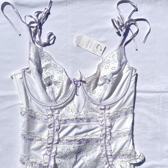 For Love & Lemons Swirl Eye Teddy 38C White Purple Eyelet Thong Lingerie Dainty - Picture 3 of 8